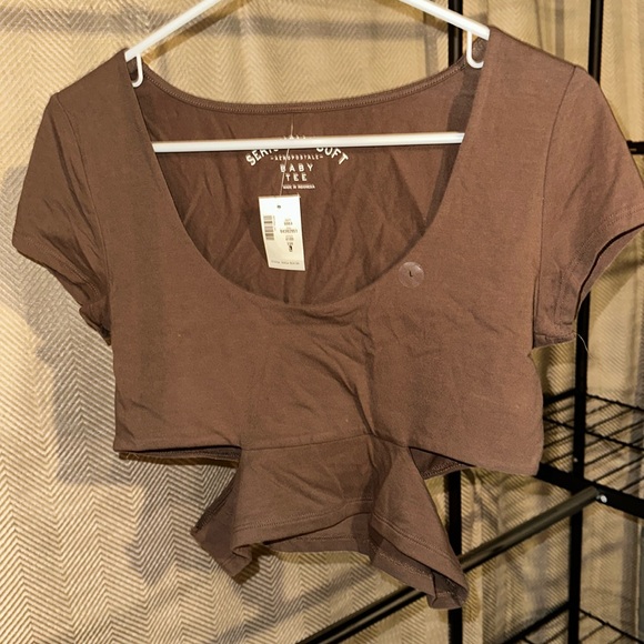 2 Aeropostale crop tops size Large brown and white slit sides soft - Picture 2 of 10